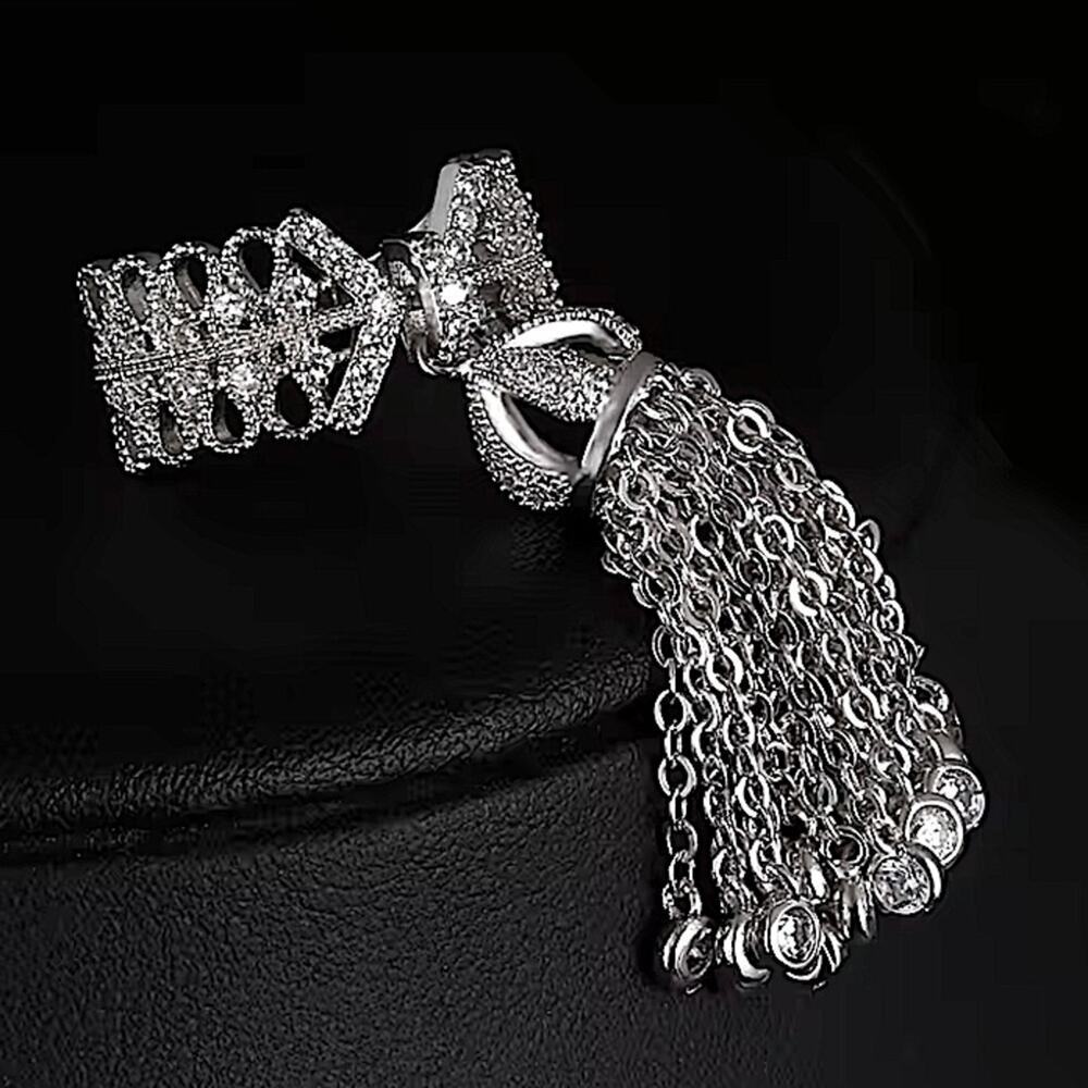 WHITE GOLD PLATED TASSEL STATEMENT RING CROWN